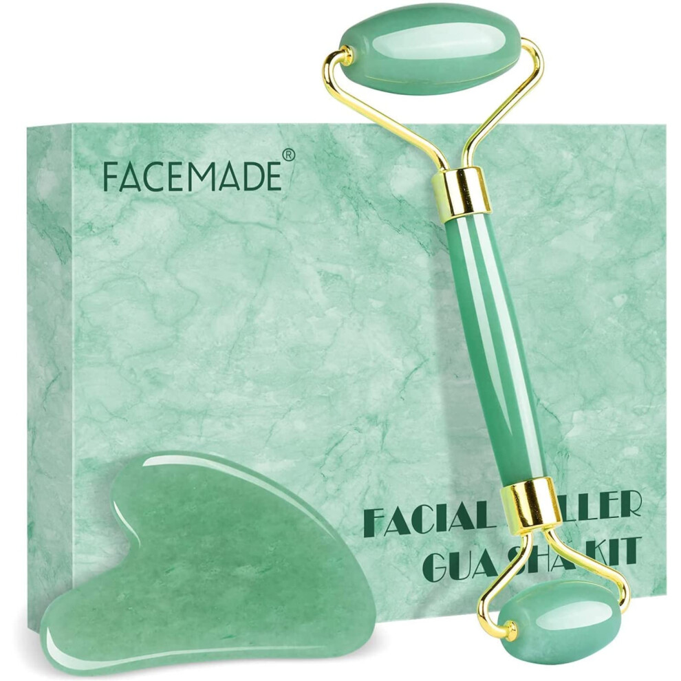 Green Jade Roller And Gua Sha Set For Face And Neck, Reduce Puffiness, Firm Skin, Cooling Massage Effect