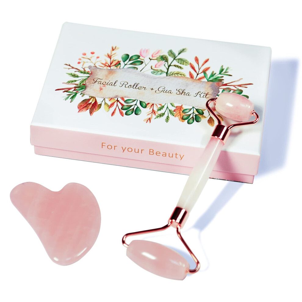 Rose Quartz Jade Roller and Gua Sha Set for Facial Massage, Wrinkle Smoothing and Puffiness Reduction