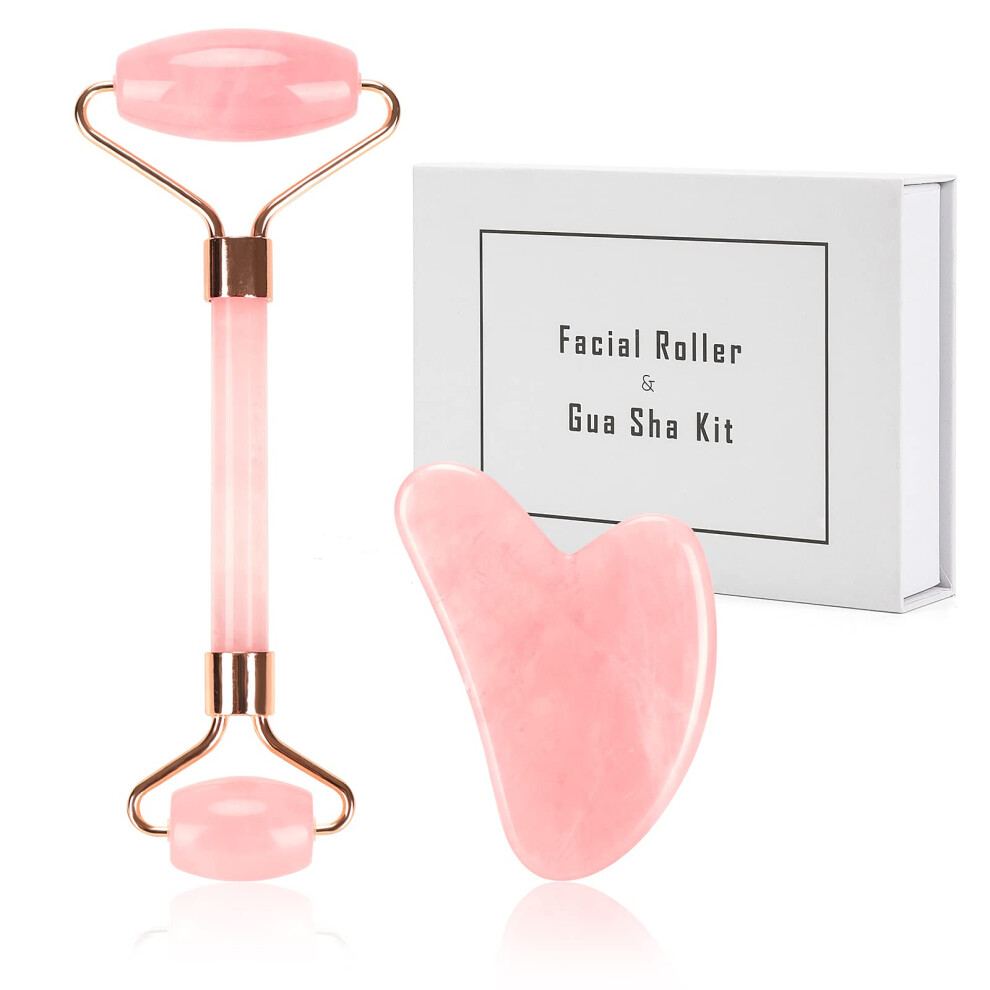 Gua Sha Set with Rose Quartz Jade Roller for Facial Massage, Boosts Absorption and Relieves Tension
