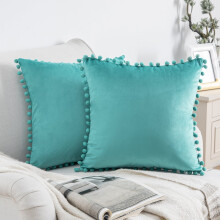 Housses de coussin décoratives à pompons Phantoscope en velours soyeux, 50 x 50 cm, turquoise, lot de 2, pour canapé ou fauteuil.