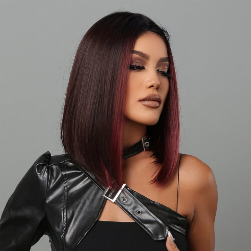 Chic Κόκκινη Περούκα Ombre Bob 16 ιντσών - Ίσια Συνθετική Τρίχα, Μέση Μέση, Εύκολη στο 2