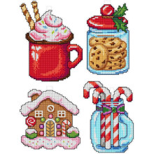 Counted Cross-Stitch Kit on Plastic Canvas with Christmas Sweets, 4 Winter Ornaments 119CS. Perfect for Craft & Embroidery Lovers