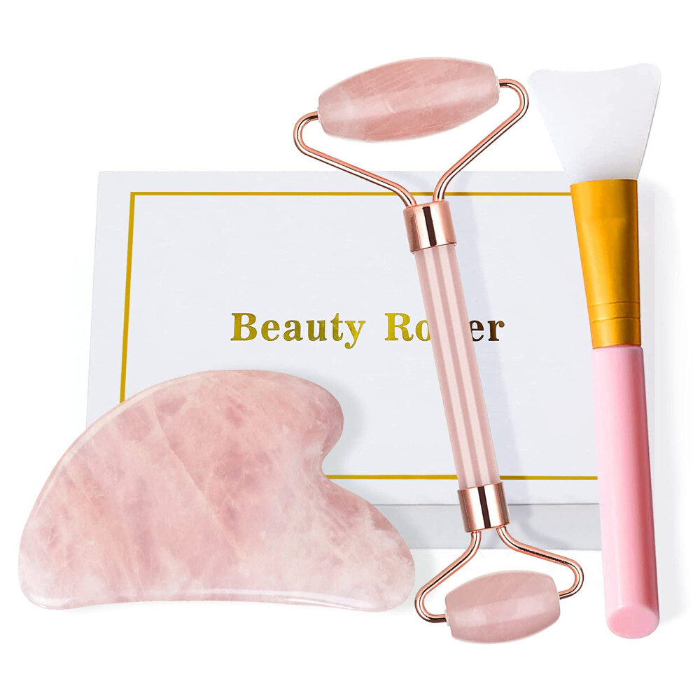 Pink Rose Quartz Face Roller And Gua Sha Set For Antiaging Facial Massage, Cooling Skin Therapy