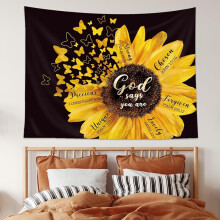 Tapeçaria Girassol Amarelo 130x150cm, Decoração de Parede Rústica Estilo Fazenda com Borboleta, Arte em Tecido Preto para Sala de Estar, Quarto,