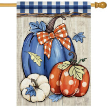 Bandeira de abóbora azul e branca para o outono, decoração de fazenda xadrez outonal para jardim, decoração rústica de juta para o Dia de