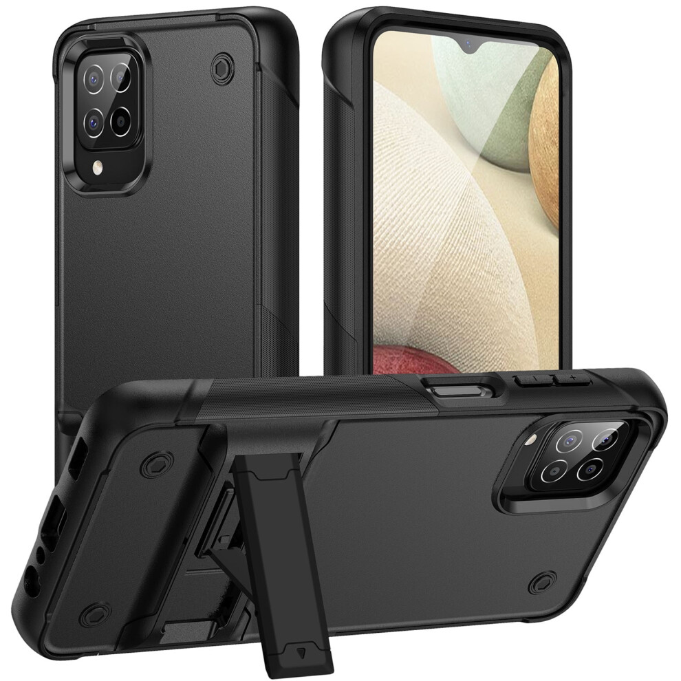 Compatible With Samsung Galaxy A12 Phone Case, Military Grade Shockproof Heavy Duty Rugged Hybrid Cover With Kickstand - 6.5 Inch 2020 Model Black 9048212778813