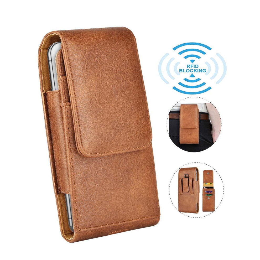 Universal Cell Phone Belt Holster Case, Vertical Leather Belt Clip Pouch Hybrid Carrying Case W/ Snap On Cover For Cellphone Up To 6.7" - Brown 9048212778851
