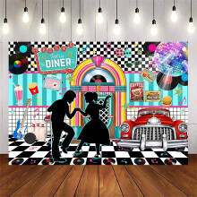 Cenário retrô dos anos 50 para fotografia, com tema de rock and roll, lanchonete e discoteca. Ideal para decoração de festas temáticas dos anos