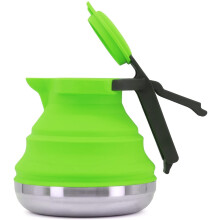Garrafa de água dobrável e leve para camping, trilhas e uso externo em silicone. Capacidade de 1,25 litro (42 oz). Cor verde.