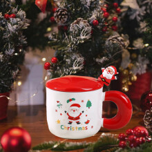 Cană de Crăciun cu capac roșu de Moș Crăciun și linguriță - ceașcă drăguță de cafea și ceai, cadou de sărbători - compatibilă cu