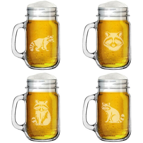 Κούπα από γυάλινο βάζο Mason 16oz με λαβή, σετ δώρου 4Raccoon Collection