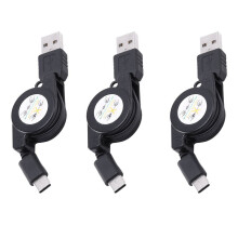 3X USB Type C USB 3.1 Uttrekkbar Kabel Lader Lade Type-C USB-C Kabel Svart