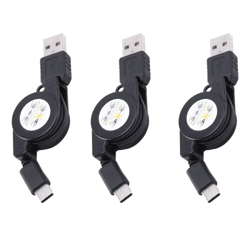 3X USB Type C USB3.1 Ανασυρόμενο καλώδιο φόρτισης, καλώδιο φόρτισης τύπου C USB-C, μαύρο