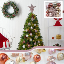 35PCS Pink Christmas Tree Ornaments Set with Topper, Shatterproof Hanging Decorations for Holiday