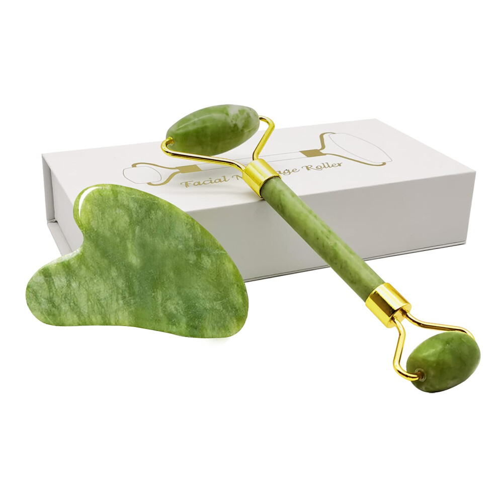 Jade Roller and Gua Sha Set for Face and Neck  Reduce Puffiness, Enhance Serum Absorption
