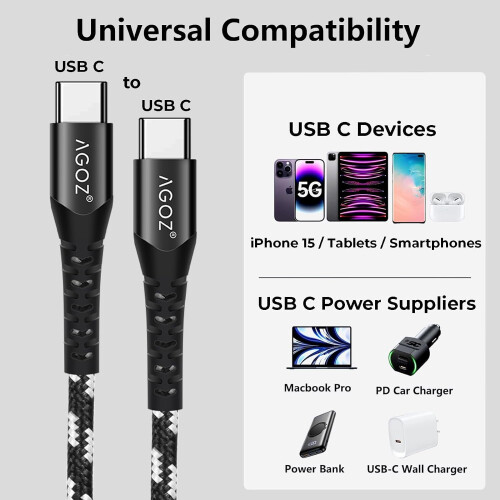 2 πακέτα 6ft AGOZ USB C σε USB C Καλώδιο γρήγορης φόρτισης τύπου C σε Type C για συμβατότητα με 1