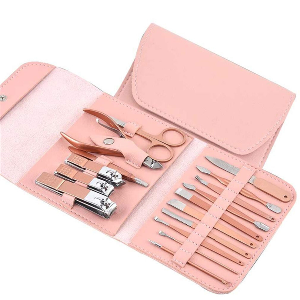 16 Pieces Stainless Steel Manicure Pedicure Set with Travel Case for Men and Women Pink