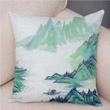 Kissenbezüge aus Baumwollleinen, Schlafzimmer- und Wohnzimmerdekoration, Kissenbezug mit chinesischem Tuschemotiv, grüner Druck, Sofakissen,