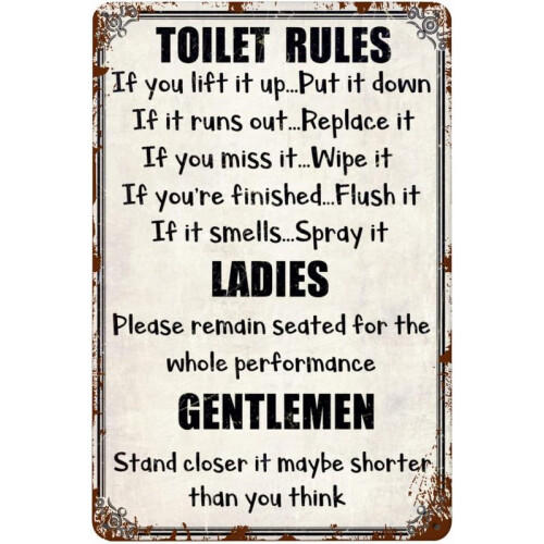Vintage μεταλλική πινακίδα Toilet Rules Αστεία διακόσμηση μπάνιου για μπαρ, καφέ, παμπ -