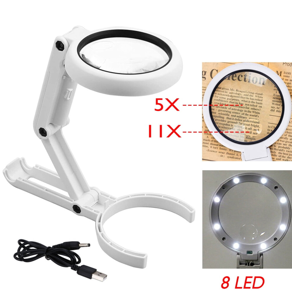 5X 11X Magnifying Glass with 8 LED Lights Portable Handheld & U-Stand Magnifying Glass for Seniors Reading