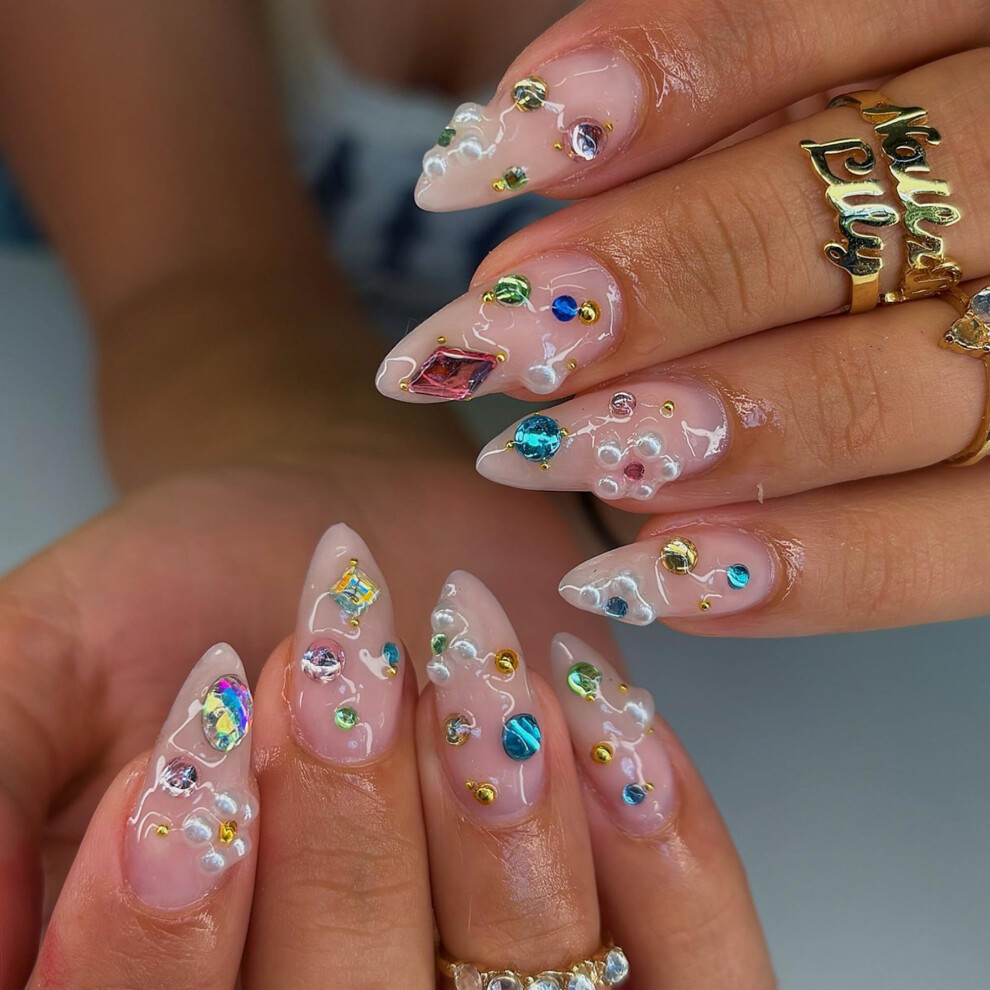 Pink Almond Press On Nails with Rhinestones Medium Length Acrylic Fake Nails for Women 24pcs