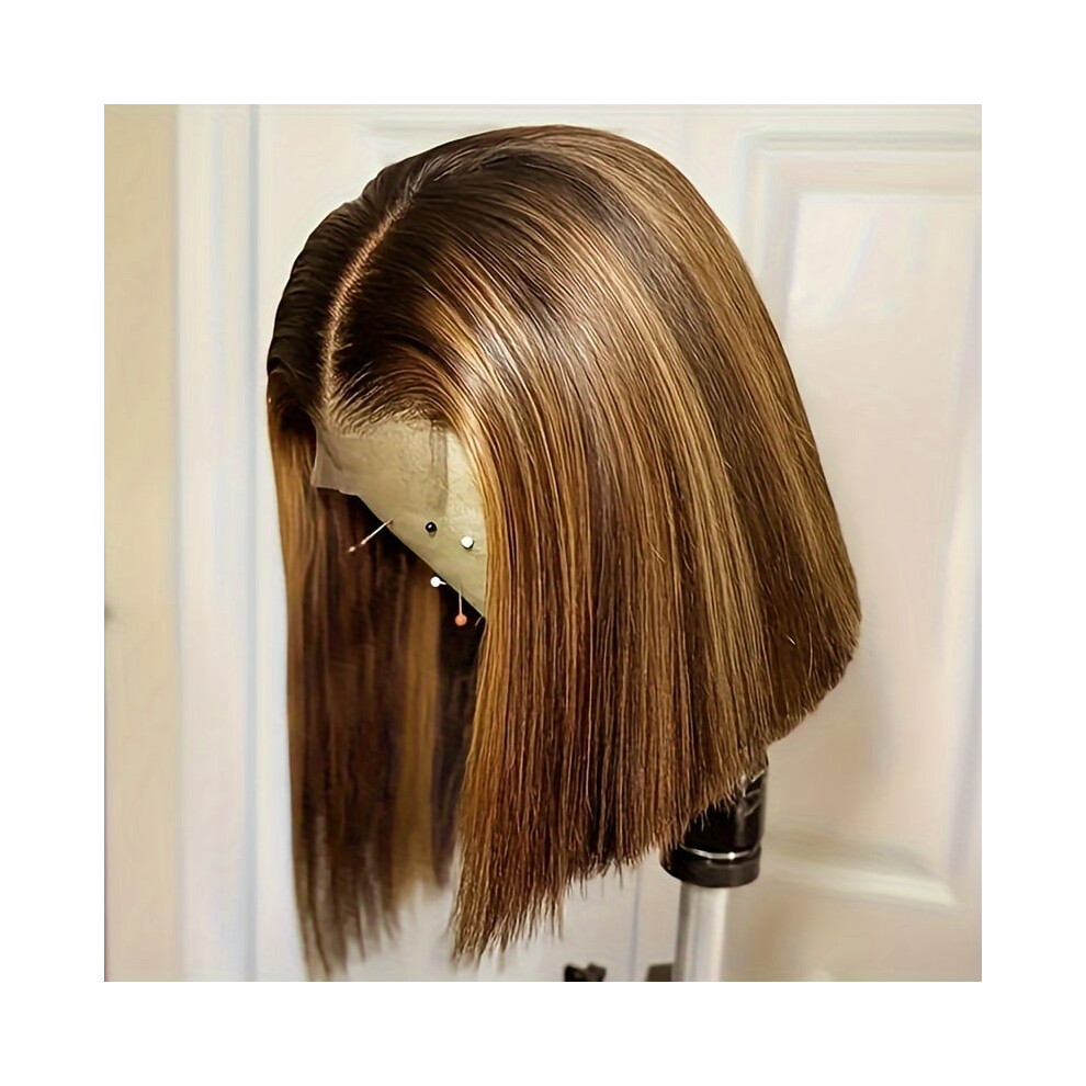 Unisex Brown 200% Highlight Honey Blond Hd Lace Front Wig, Short Bob 4X4 T-Part, Pre Plucked Ombre, Baby Hair, Chocolate Brazilian Human Hair