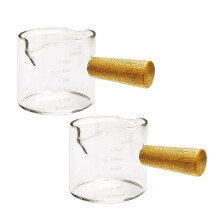 2 stuks espressoglaasjes met dubbele tuit, maatbekers, espressokopjes met houten handvat, geschikt voor melk en koffie, 75 ml
