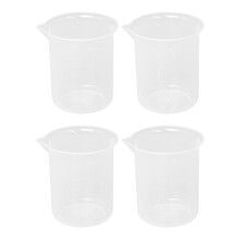 Set di 4 becher graduati da cucina e laboratorio in plastica trasparente, spessi, con tappo, 200 ml.