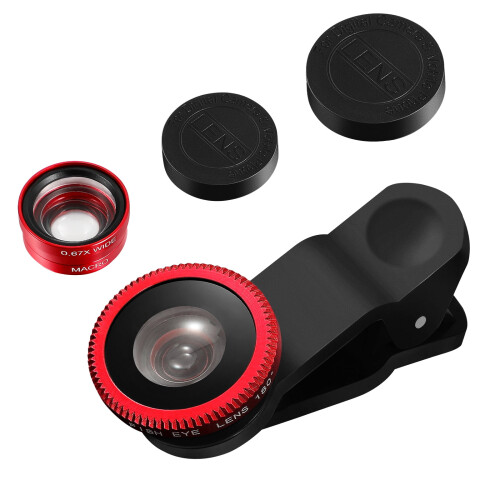 Φακός τηλεφώνου Eease για smartphone με fish-eye 0,67x3in1, κιτ μακροφακού, κόκκινο