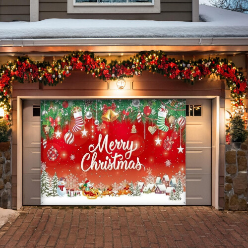 Banner de Natal para Porta de Garagem 83,9*192 polegadas, Capa de Vinil Vermelha Feliz Natal para Uso Externo e Interno, Compatível com Decoração