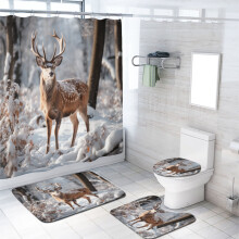 Set de perdele de duș cu model de cerbi din pădurea de iarnă și covoare, compatibile cu decorul rustic de baie, 72x72inch