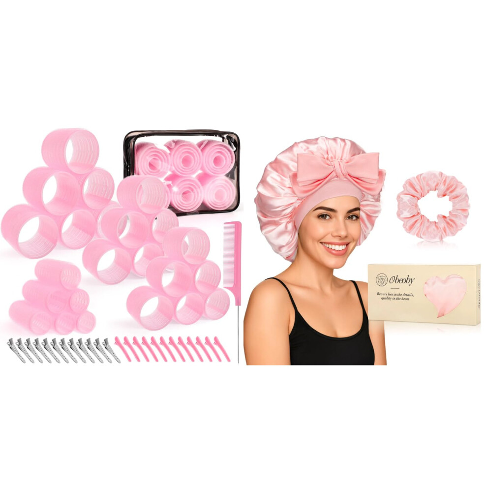 Hair Rollers Set with Clips, MultiSize Self Grip Curlers, Satin Bonnet for Overnight Curl Protection