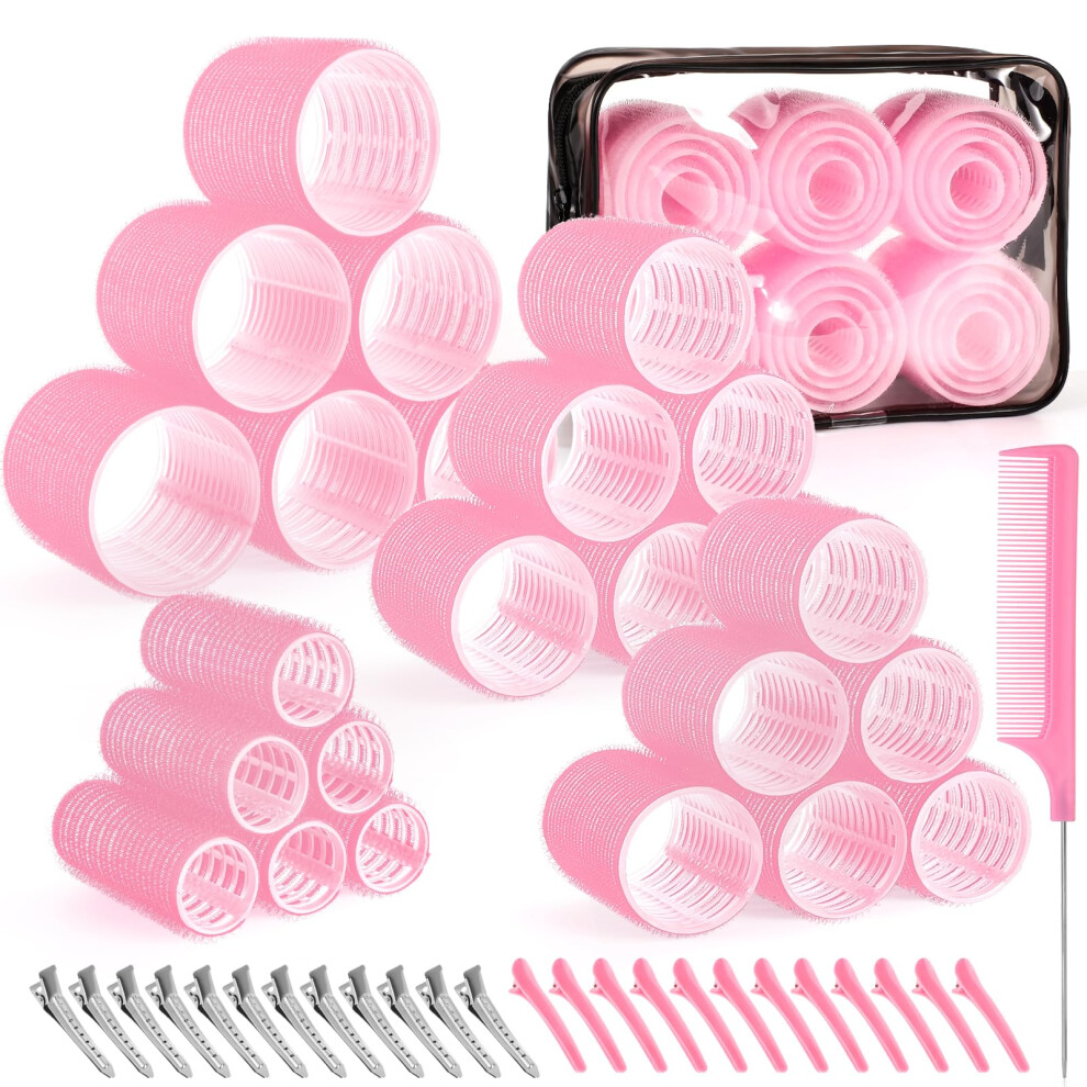 50PCS MultiSize Curling Kit NoHeat Hair Rollers with Clips for Long and Short Hair Pink Set