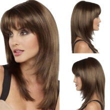 Peruca castanha de 19,68 polegadas (50 cm), cabelo humano, longa e encaracolada, natural, sem cola, sintética com cabelo humano pré-desfiado e