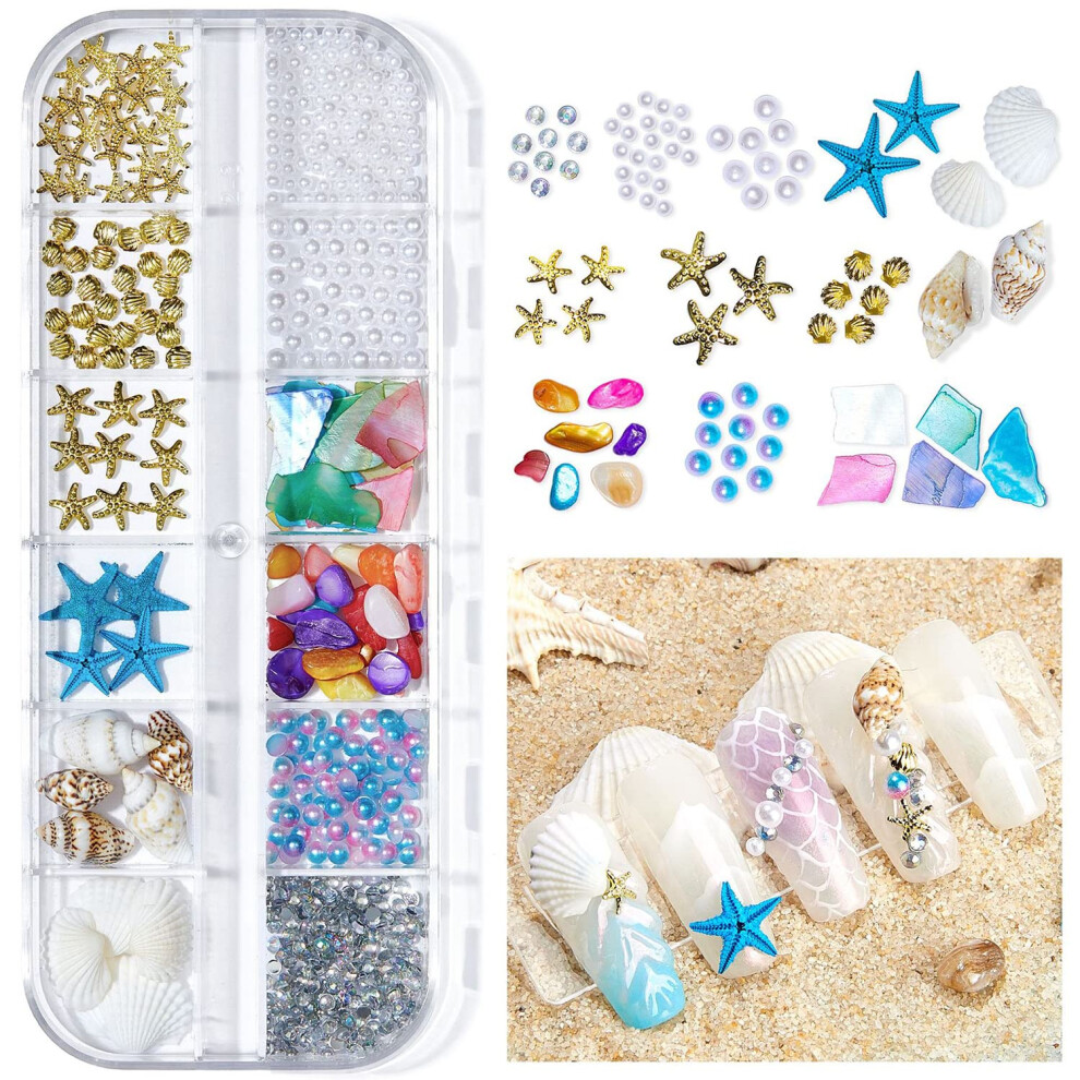 Gold Sea Shell Nail Charms 3D Metal Starfish Decorations Beach Theme With Storage Box