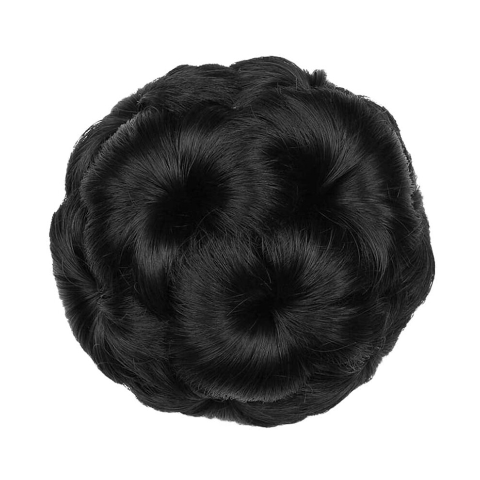 Unisex Black Farfi Faux Synthetic Hair Bun Extension Elastic Wavy Bridal Donut Chignon Hairpiece (Black)