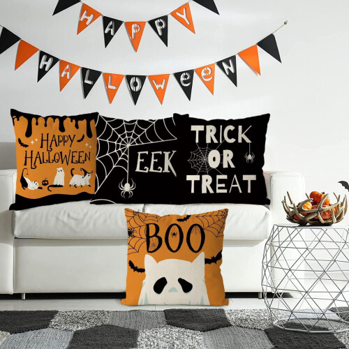 Σετ 4 μαξιλαροθήκες για το Halloween 18x18 ίντσες, συμβατές με διακόσμηση αγροικίας 2