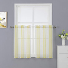 Cortinas de cozinha de 76 cm com listras geométricas verticais, conjunto de cortinas transparentes, cortinas de estilo café com textura de linho e