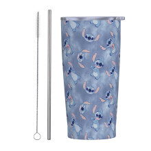 Bicchiere termico in acciaio inox da 590 ml con stampa a tema Stitch, a prova di perdite, con cannuccia e coperchio, ideale per viaggi, caffè,