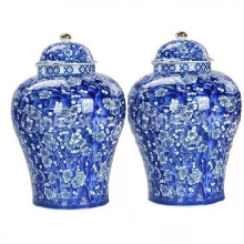 Conjunto de 2 Vasos de Cerâmica Estilo Chinês em Formato de Ameixa para Gengibre com Tampa, Acabamento Esmaltado