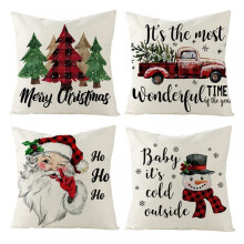 Fronha de Natal com estampa de boneco de neve, árvore, veado e Papai Noel, em algodão e linho, ideal para decoração e presentes de Natal.