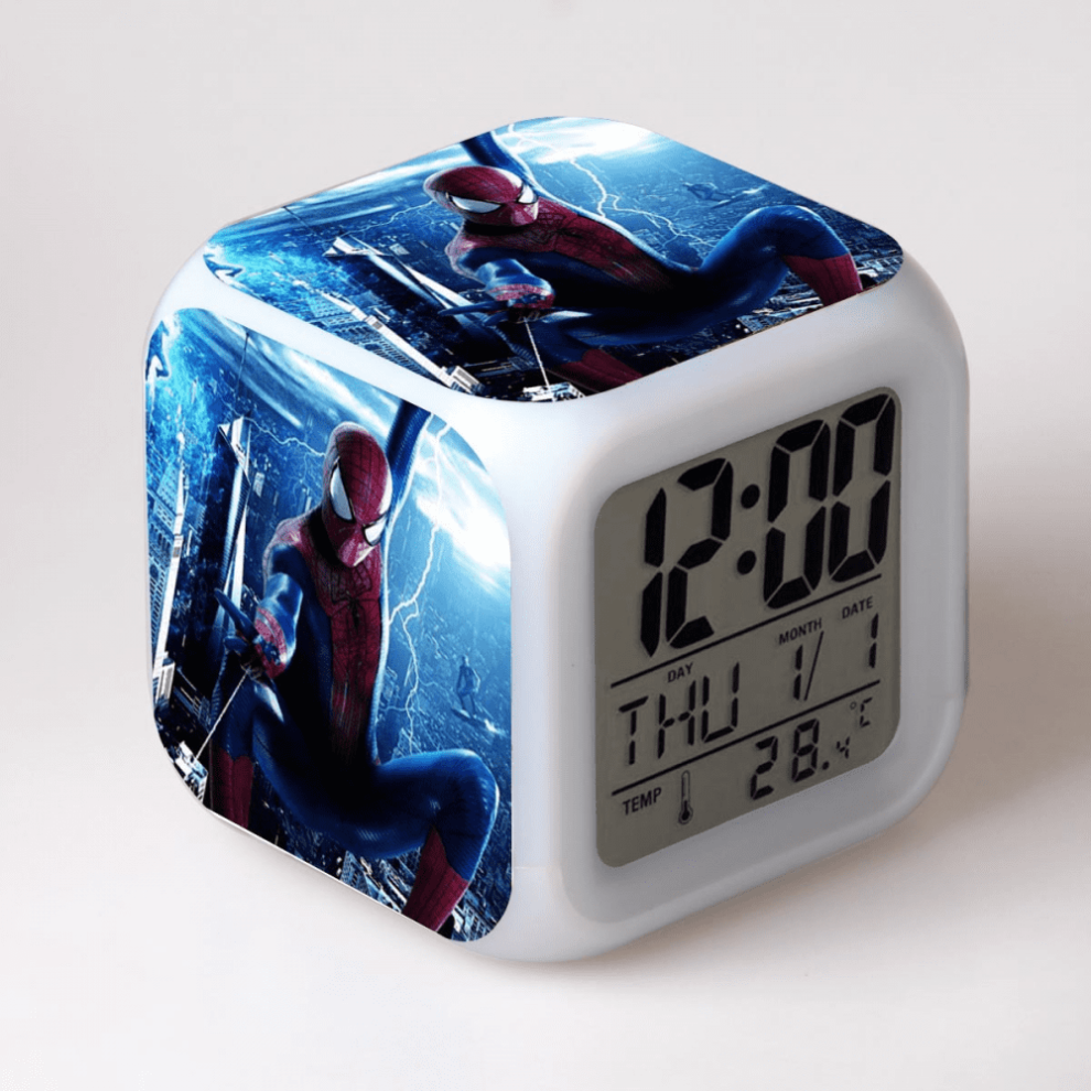 Hanntaoo Kids Digital Alarm Clock With Spider-Man Pattern, 7 Color Led, Thermometer, Night - Compatible With Htnl#1633 Light