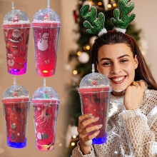 Gracefulvara New Christmas Ice Cup with Lights Double Layered Large Capacity Straw Cup Gift