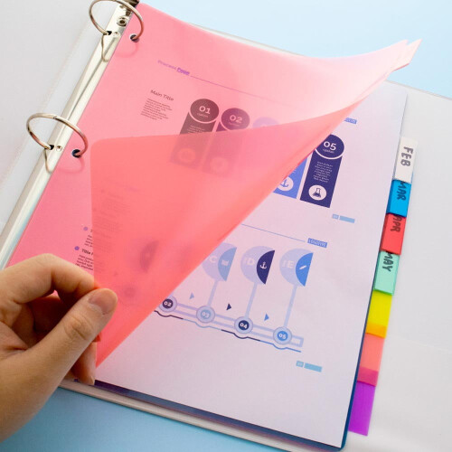 Conjunto de 24 divisórias de plástico resistente com abas e 3 argolas, multicoloridas, para uso escolar e no escritório. 1