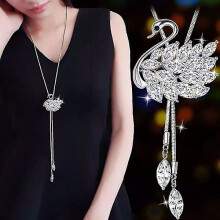 Collana da donna, elegante collana a cigno con zirconi, collana lunga con pendente, accessori di gioielleria