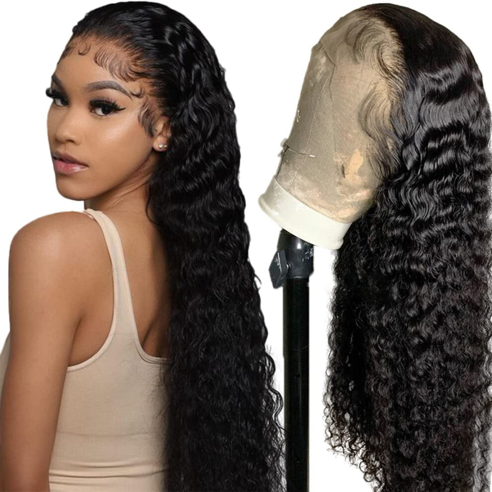 Unisex 13X4 Deep Wave Lace Front Wig Brazilian Human Hair Pre Plucked Glueless Natural Hairline 18''