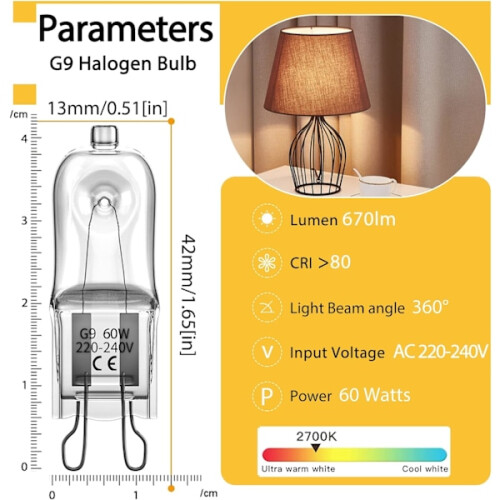 Lâmpadas Halógenas G9 de 60W, 230V, Pacote com 10, Compatíveis com Luminárias G9 [YDE] 60W 1
