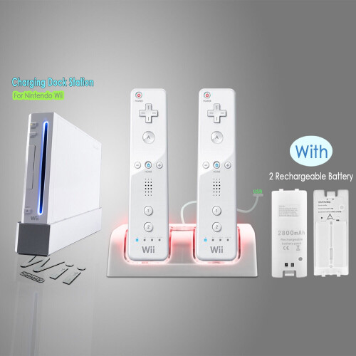 Station de charge compatible avec la télécommande Nintendo Wii 2 + 2 batteries rechargeables blanches 1
