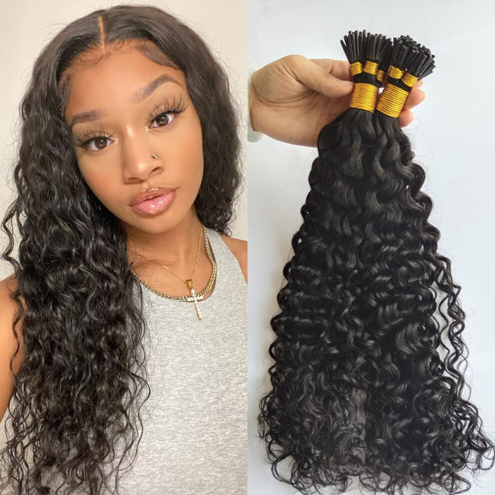 Unisex Black 22 Inch I Tip Human Hair Extensions Jerry Curl Microlinks Remy Brazilian Hair For Women 95G