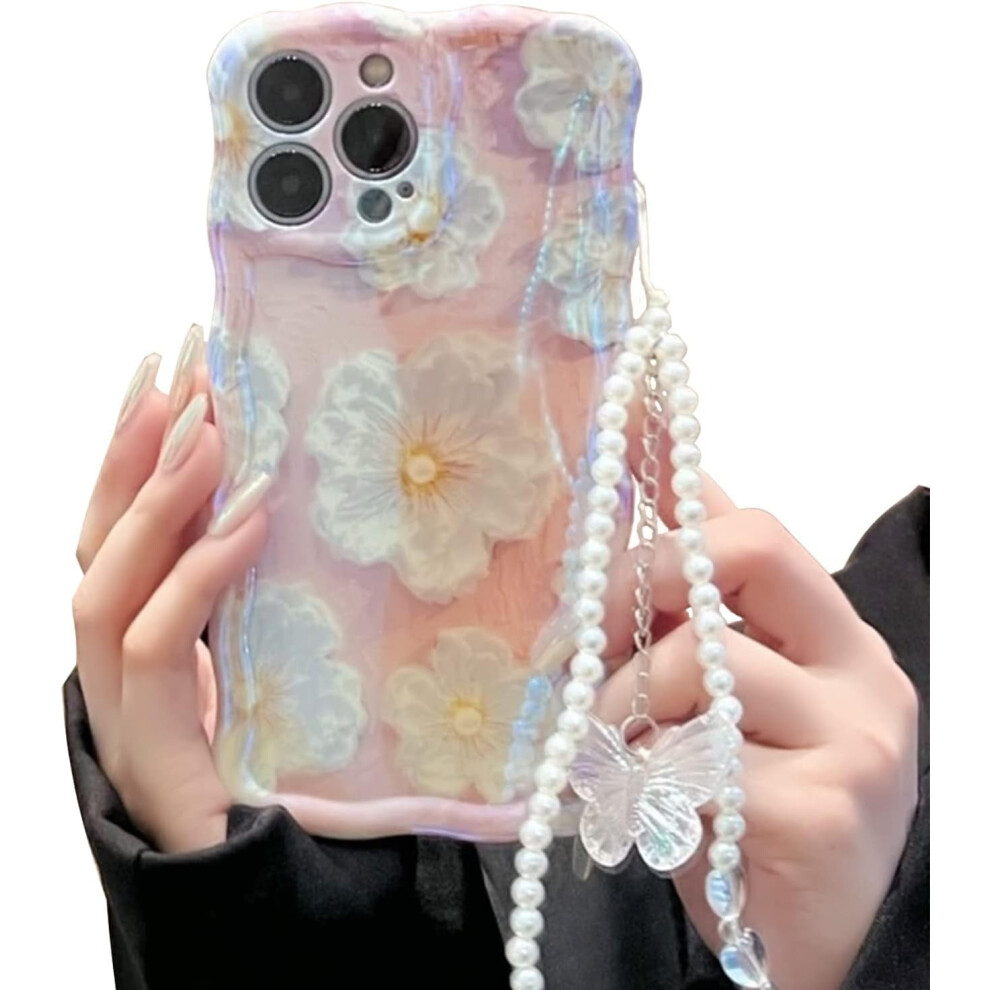 Cute Pink Flowers Compatible With Iphone 13 Pro Max Case, Shockproof Glitter Floral Print Case With Butterfly Heart Pearl Chain For Women Pink,White 9164030143937